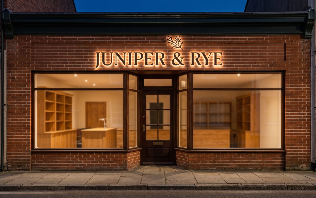 Sample of the same facade at night with halo-lit letters for the fictional brand Juniper and Rye